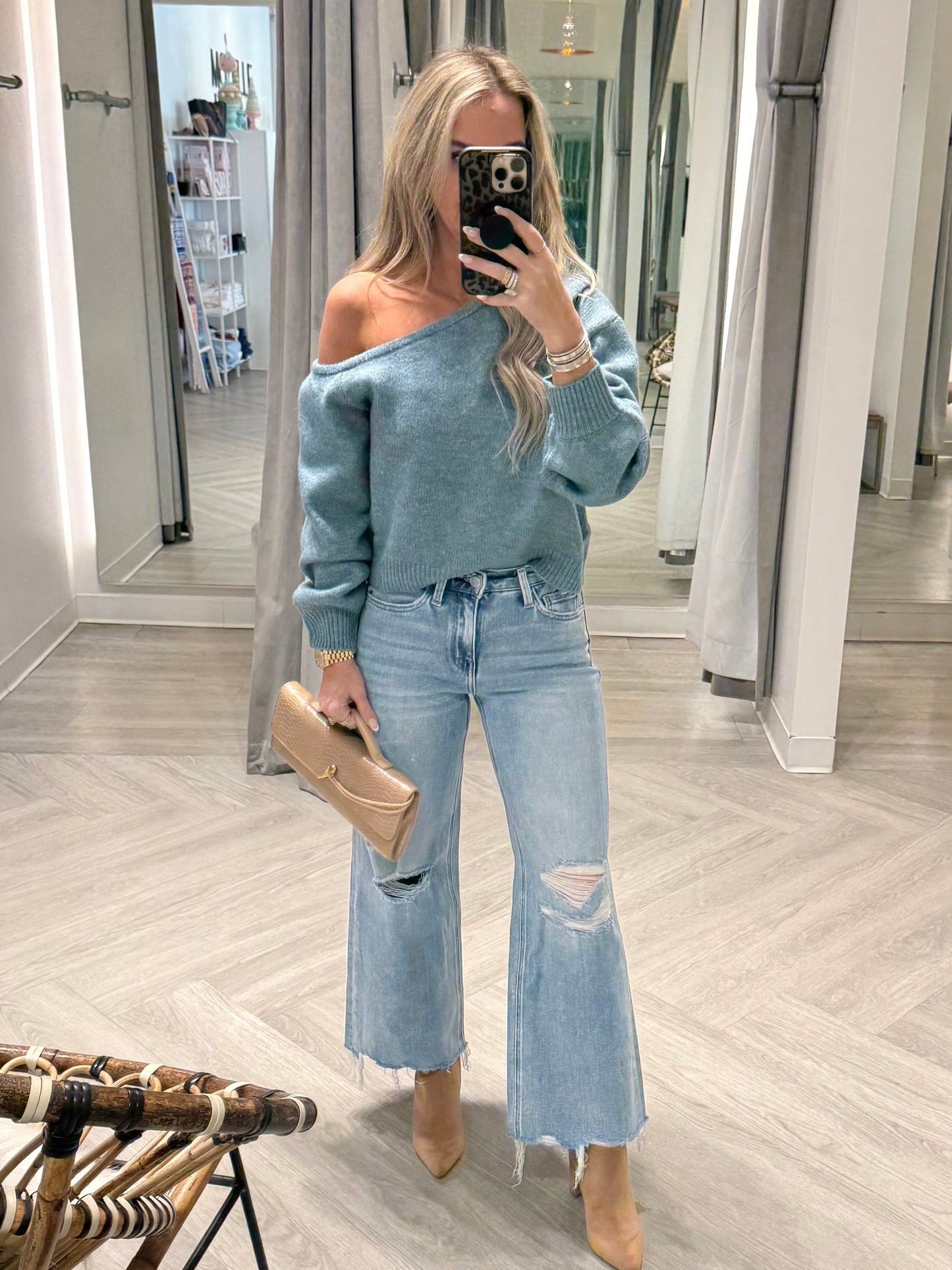 Blue Asym Shoulder Sweater Top