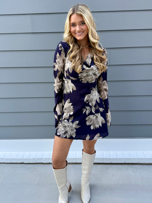 Black/Navy Floral Mini Flare Dress