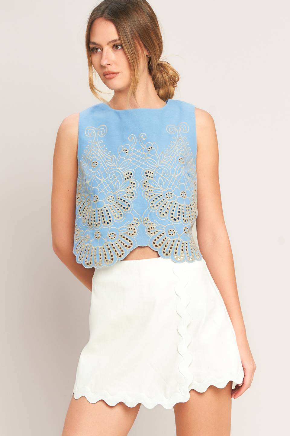 Blue Woven Eyelet Top