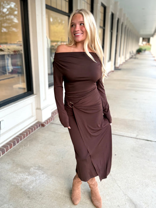 Brown O/S Buckled Draped Midi