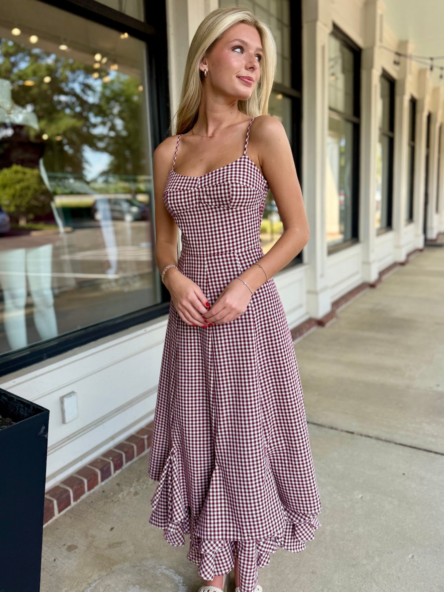 Burgundy Checker Ruffle Maxi
