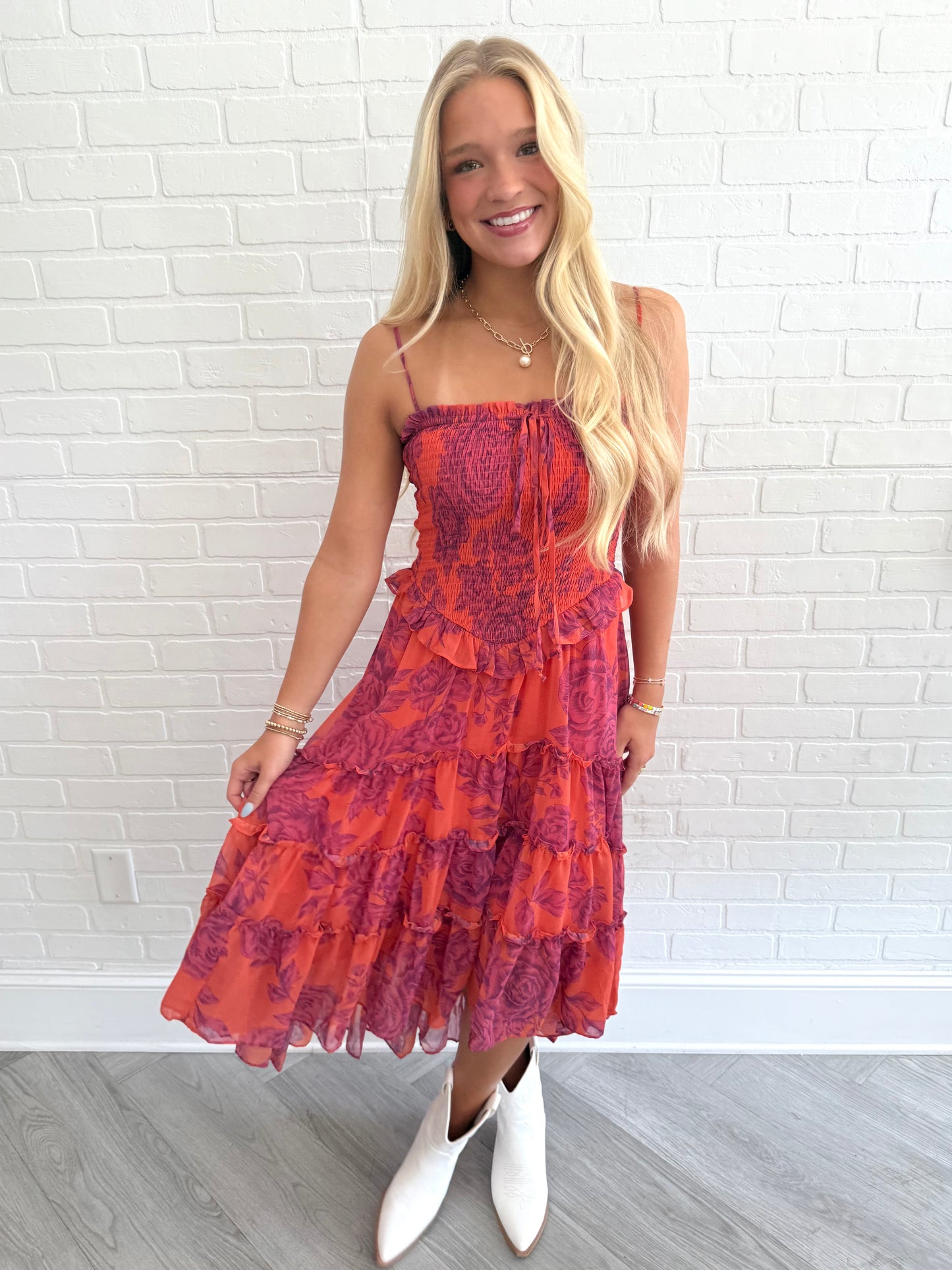Magenta Rose Smocked V Midi