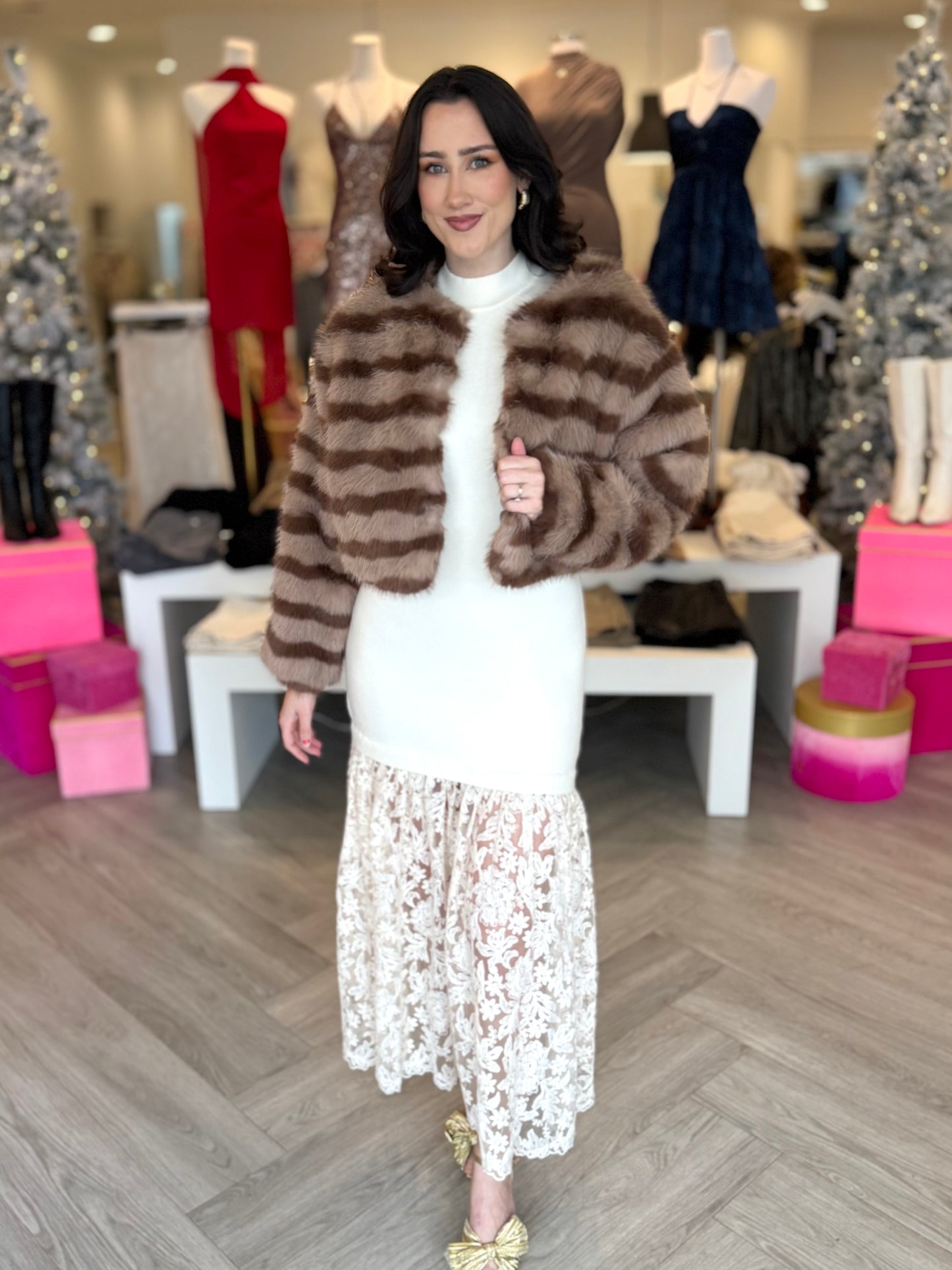 Mocha Brown Stripe Fur Jacket