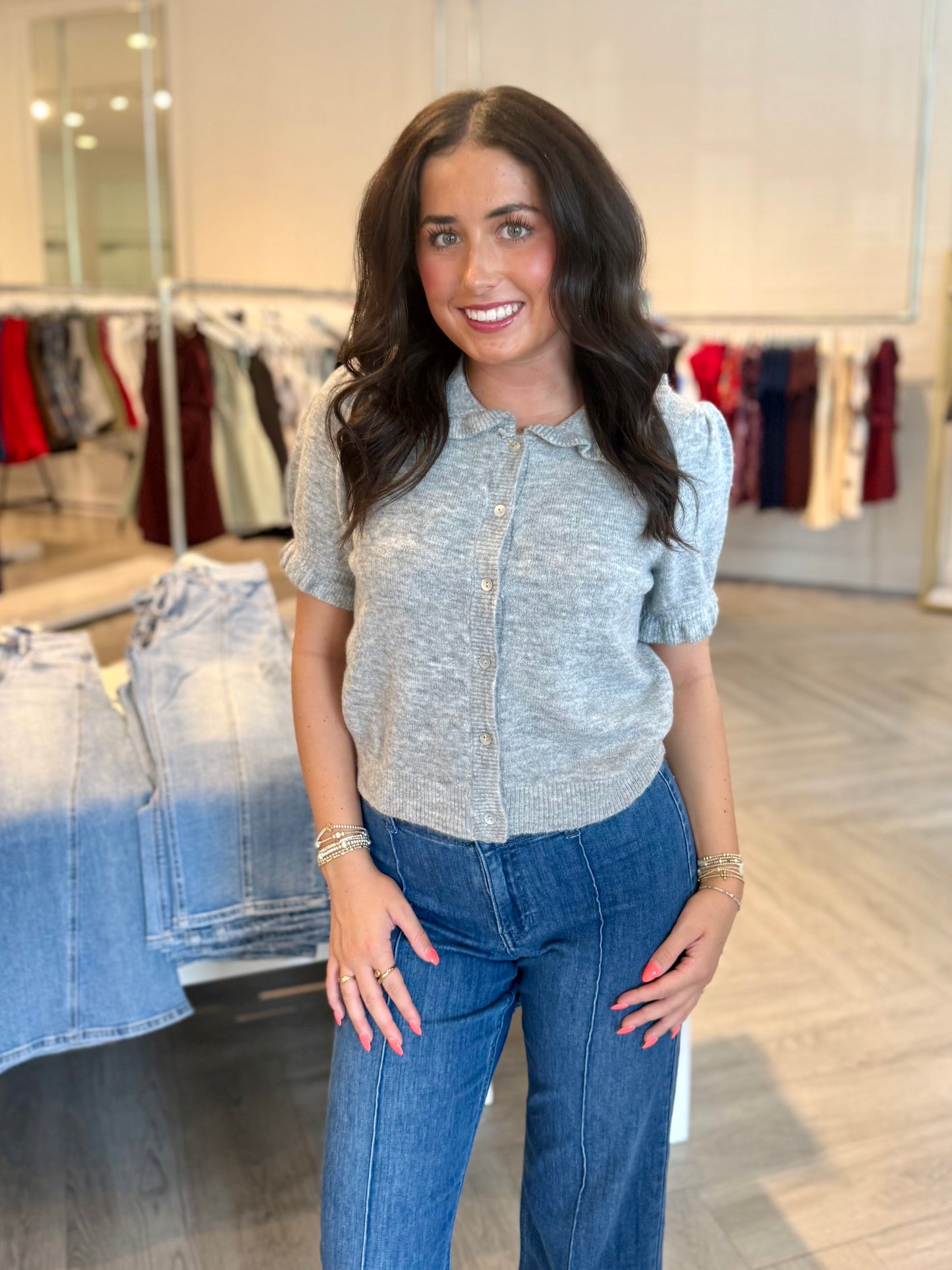 Grey Ruffle Collar Top