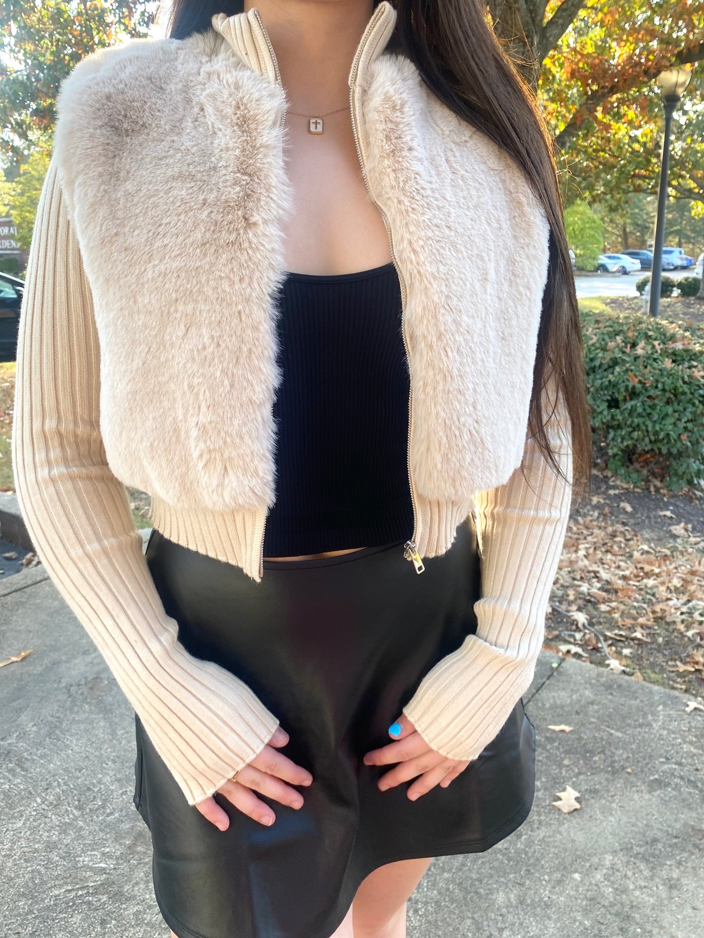 Beige Fur Sweater Zip Up