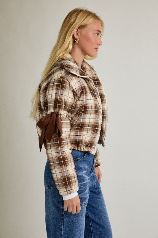 Brown/Ivory Plaid Puffer Jacket