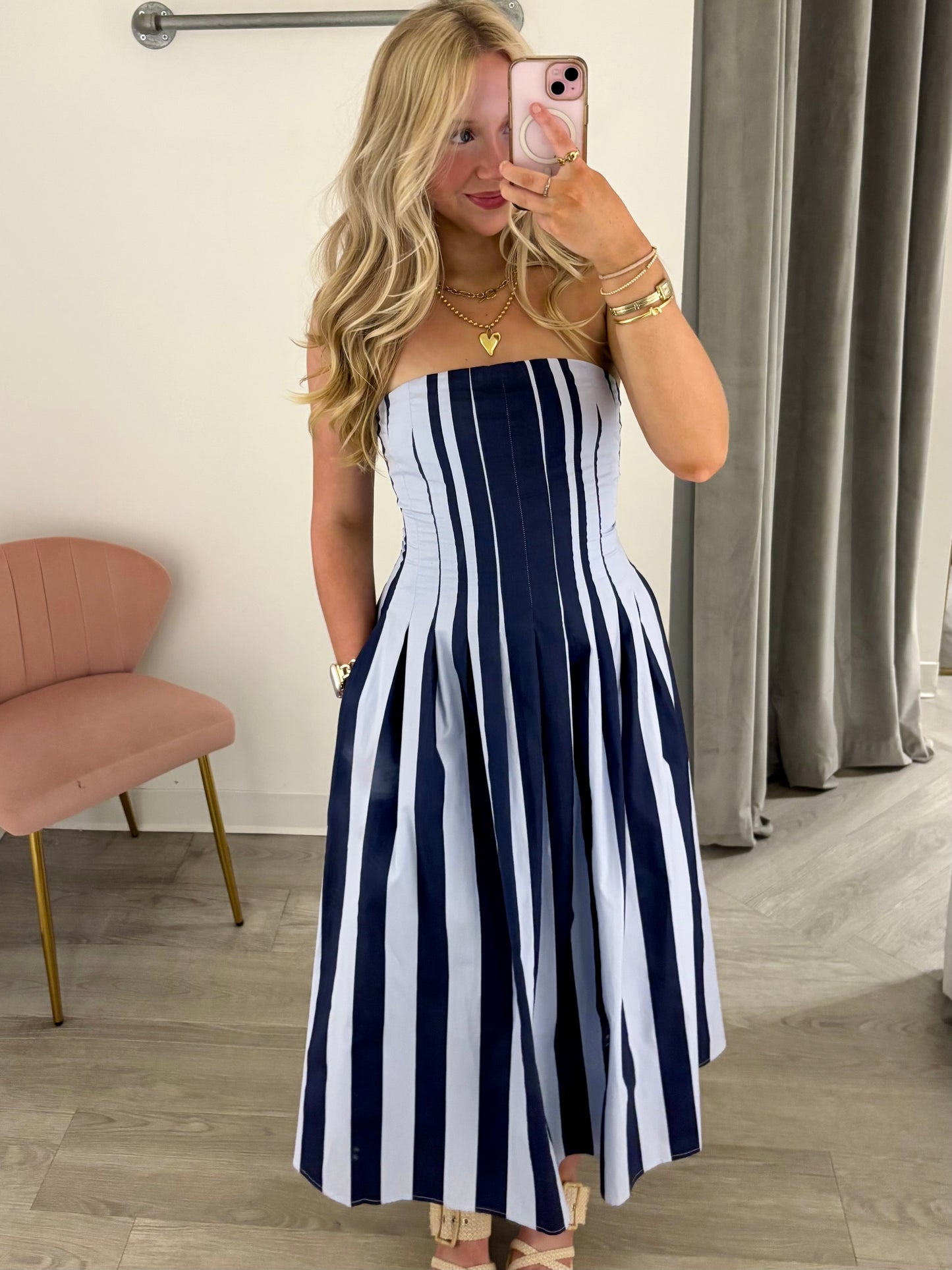 Blue Strapless Striped Flare Midi