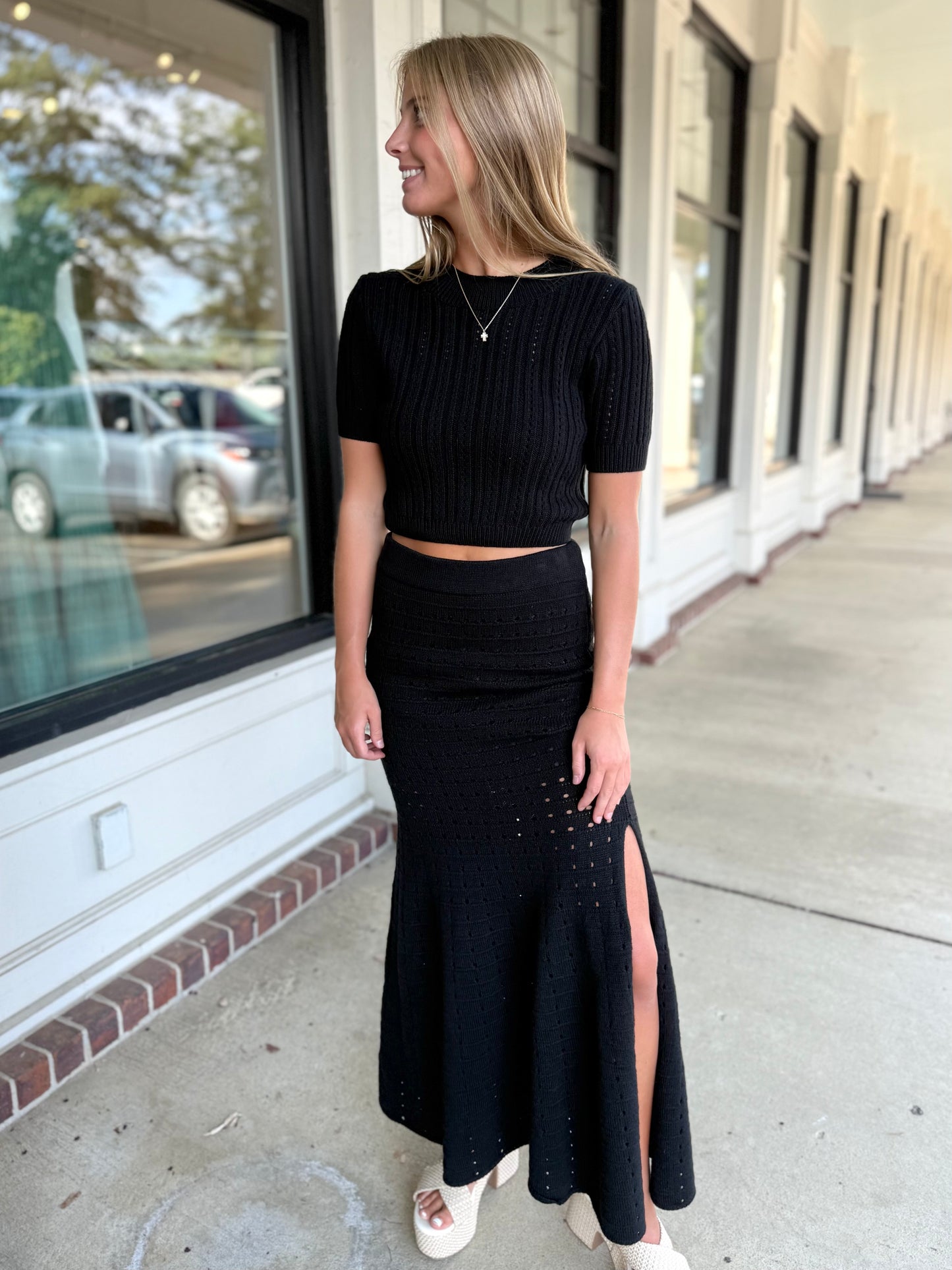 Black Pointelle Sweater Top