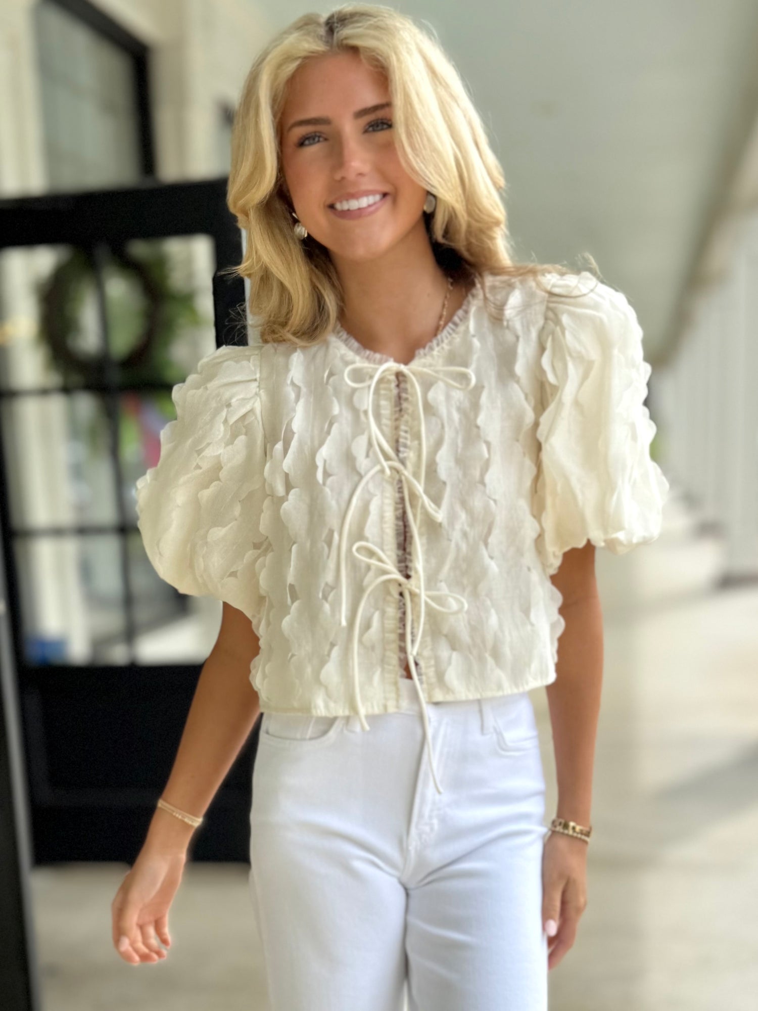 Cream Applique Tied Top