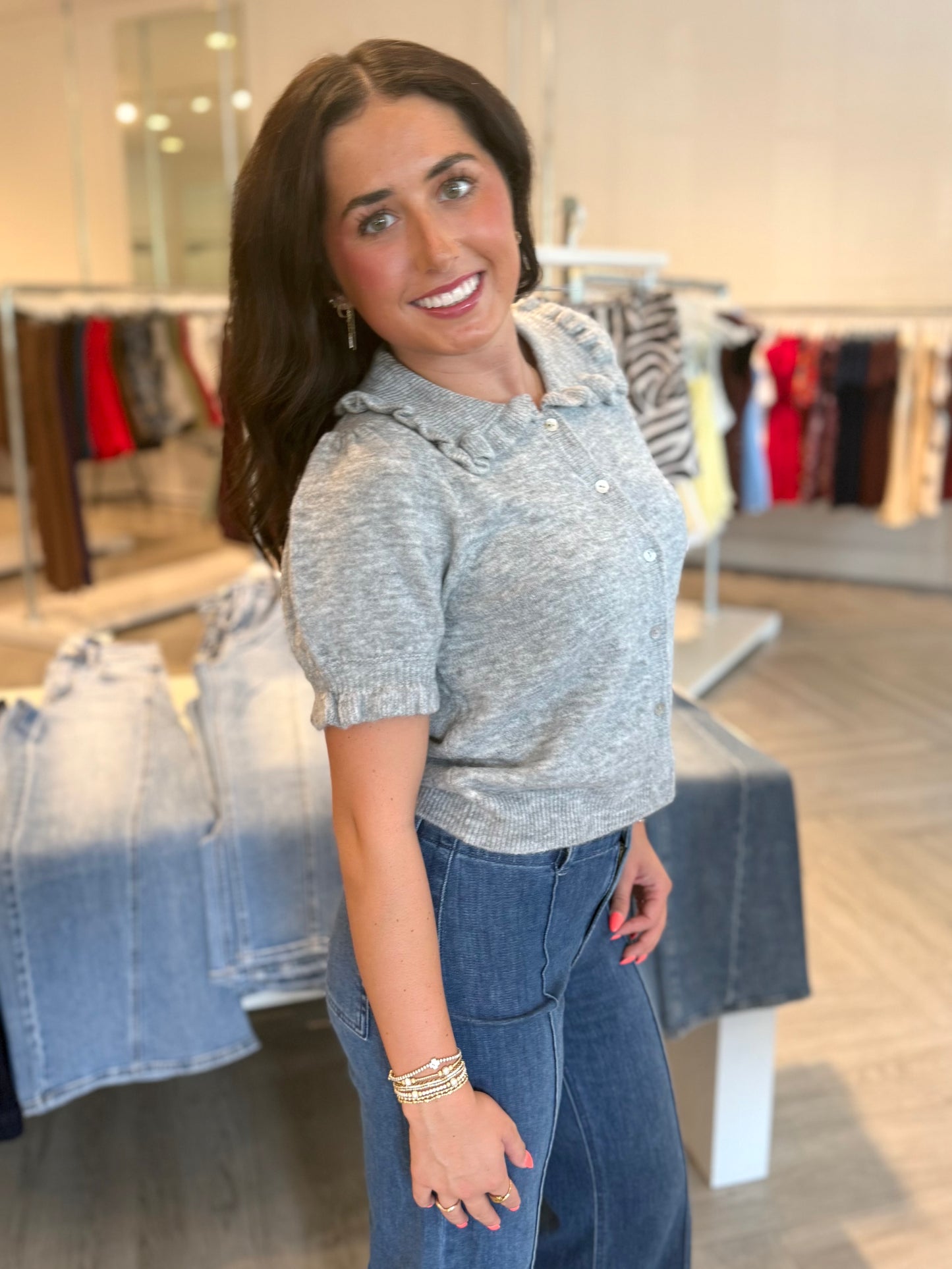 Grey Ruffle Collar Top