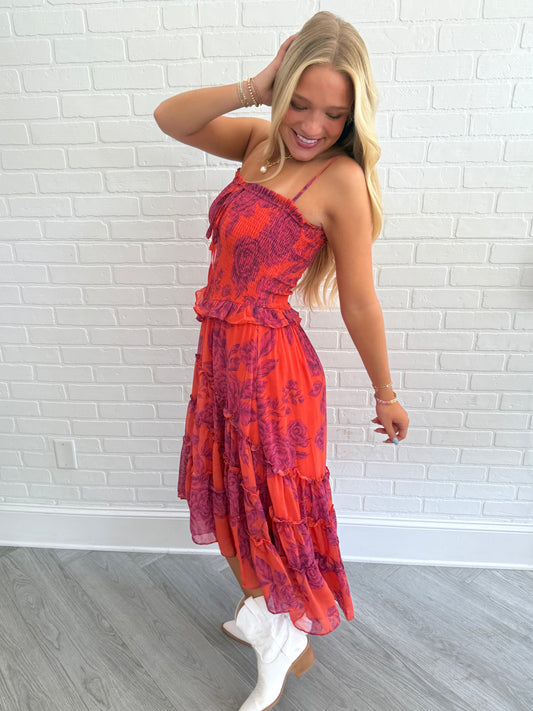 Magenta Rose Smocked V Midi