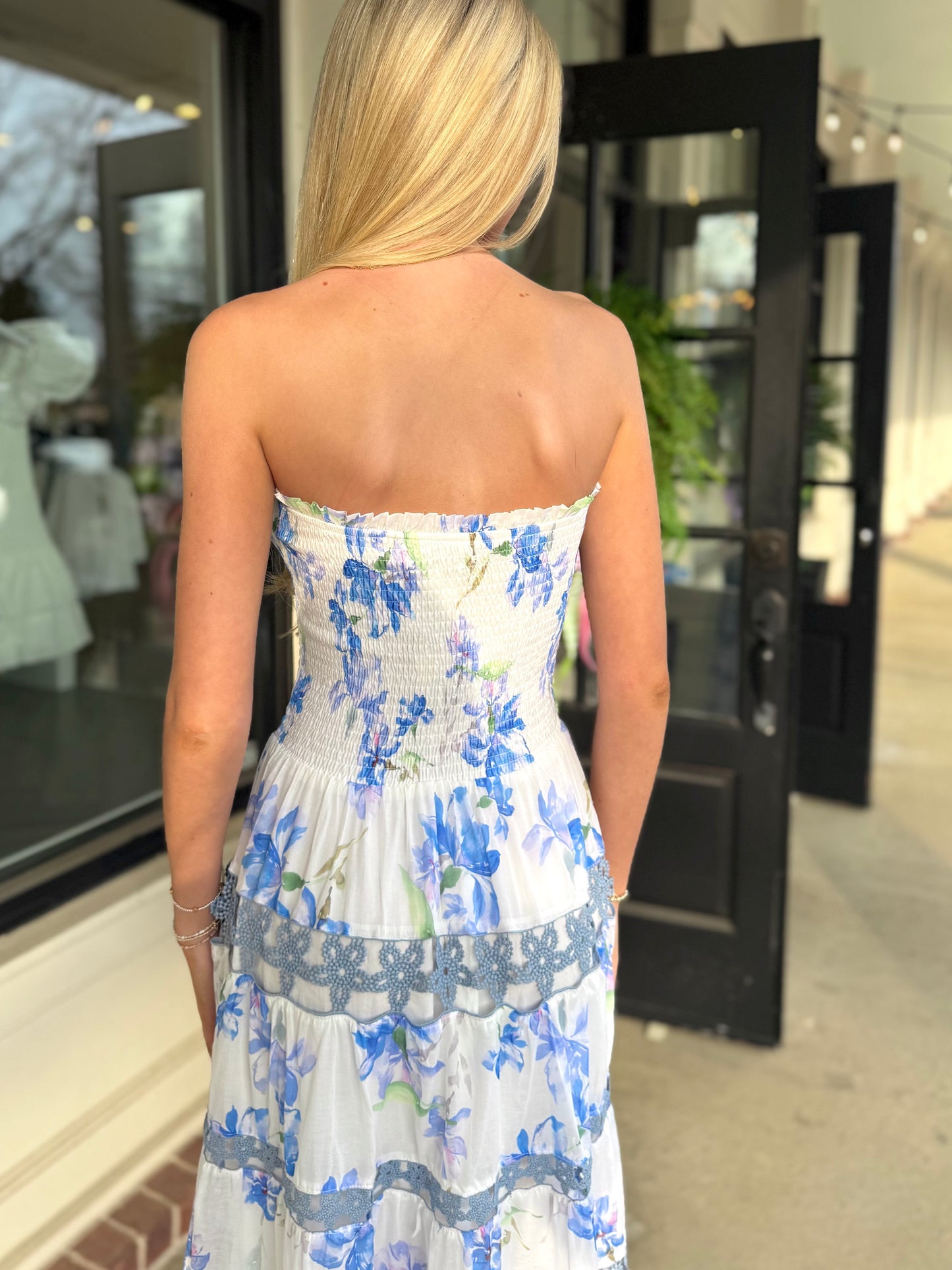 Floral Smocked Lace Trim Midi