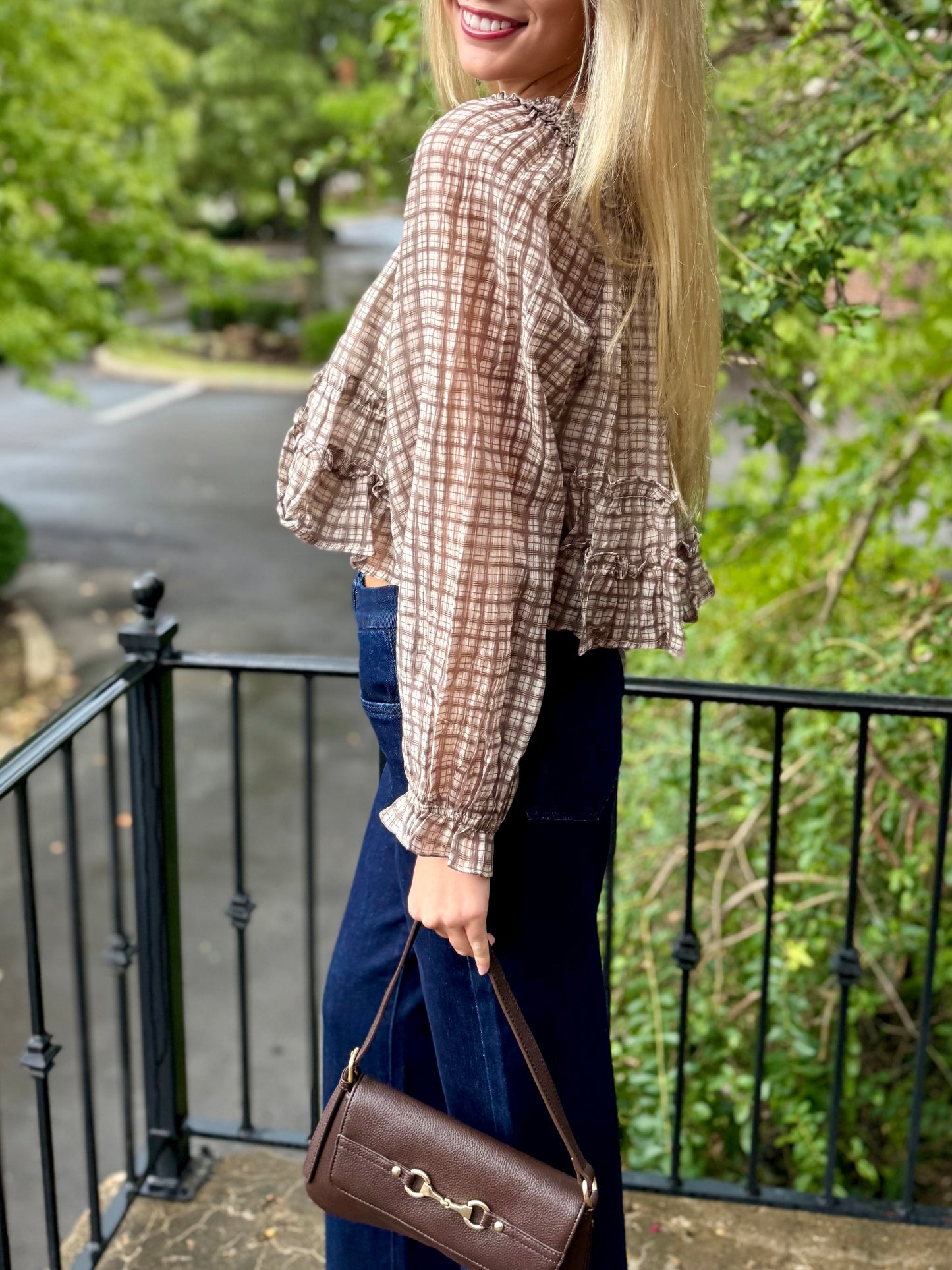 Brown Plaid Smocked Top