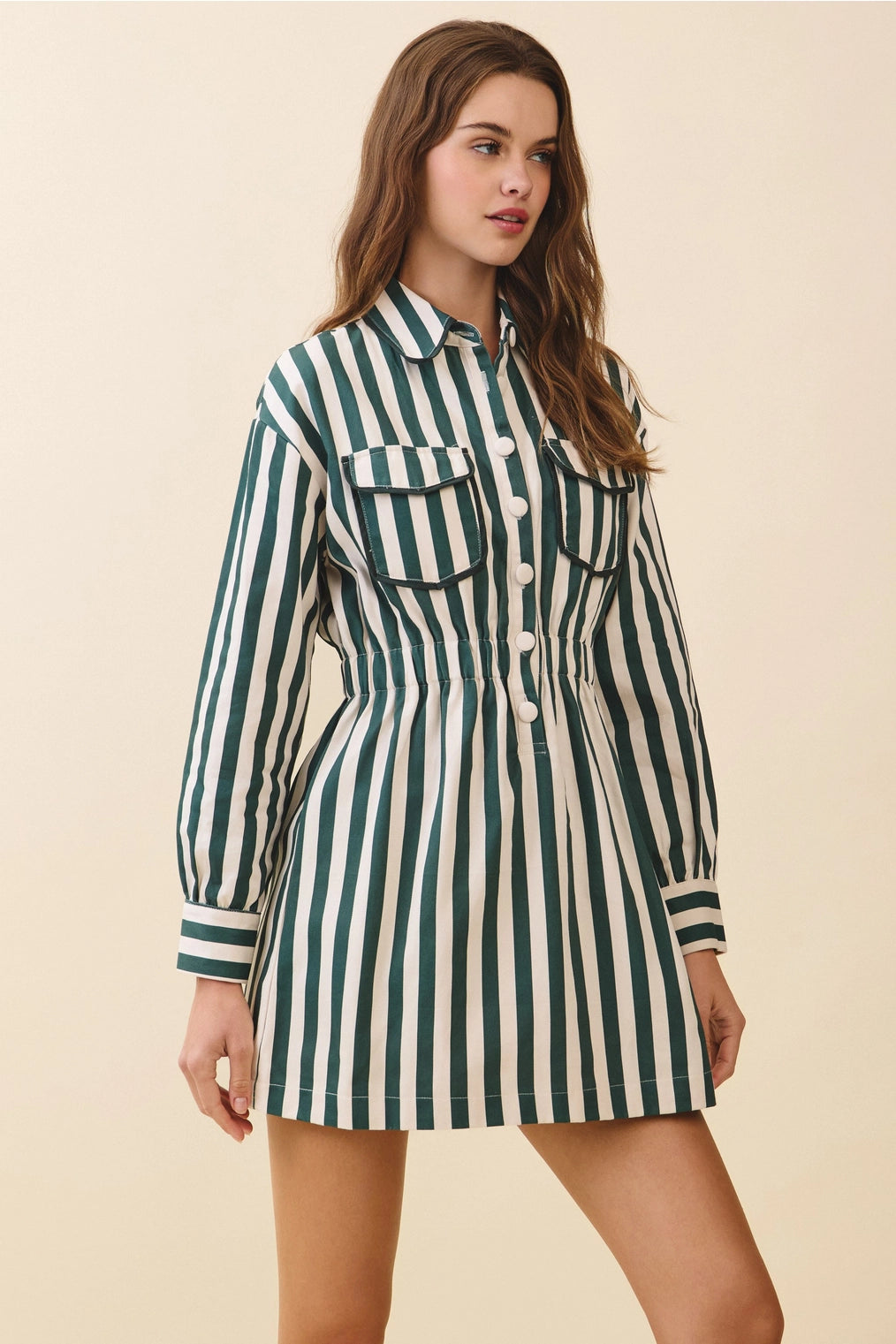 Green Vertical Striped Shirt Dress