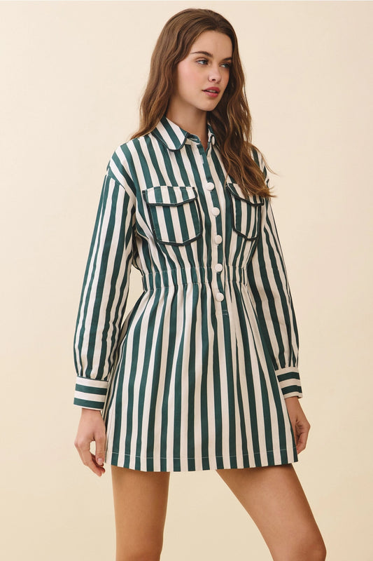 Green Vertical Striped Shirt Dress