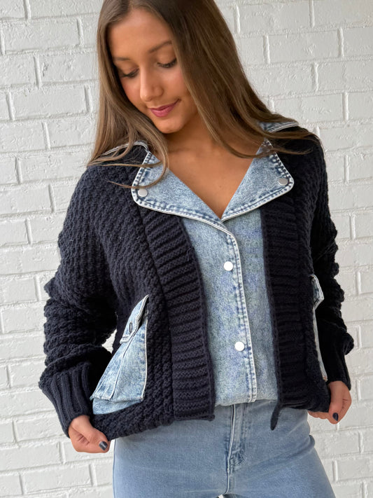 Navy Denim Contrast Sweater Jacket