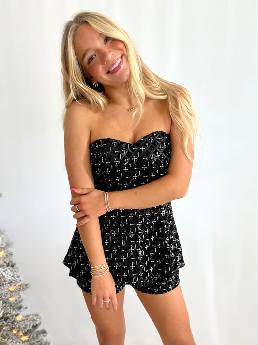 Black Velvet Sequin Romper