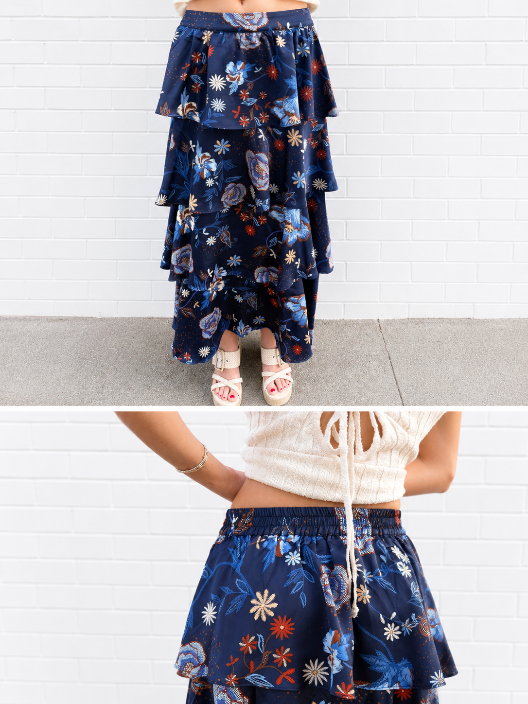 Navy Tiered Floral Print Midi