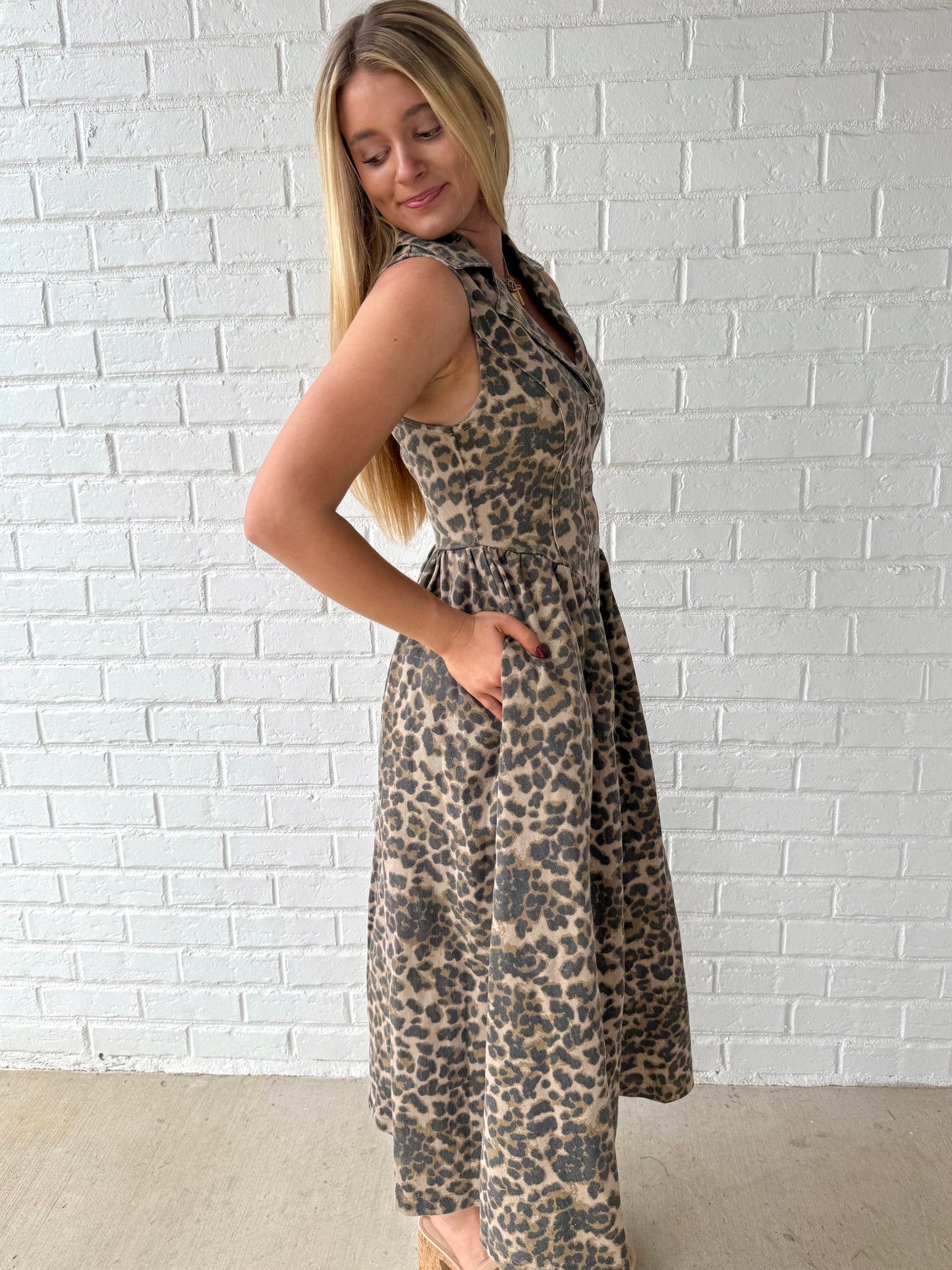 Leopard Denim Notched Flare Midi