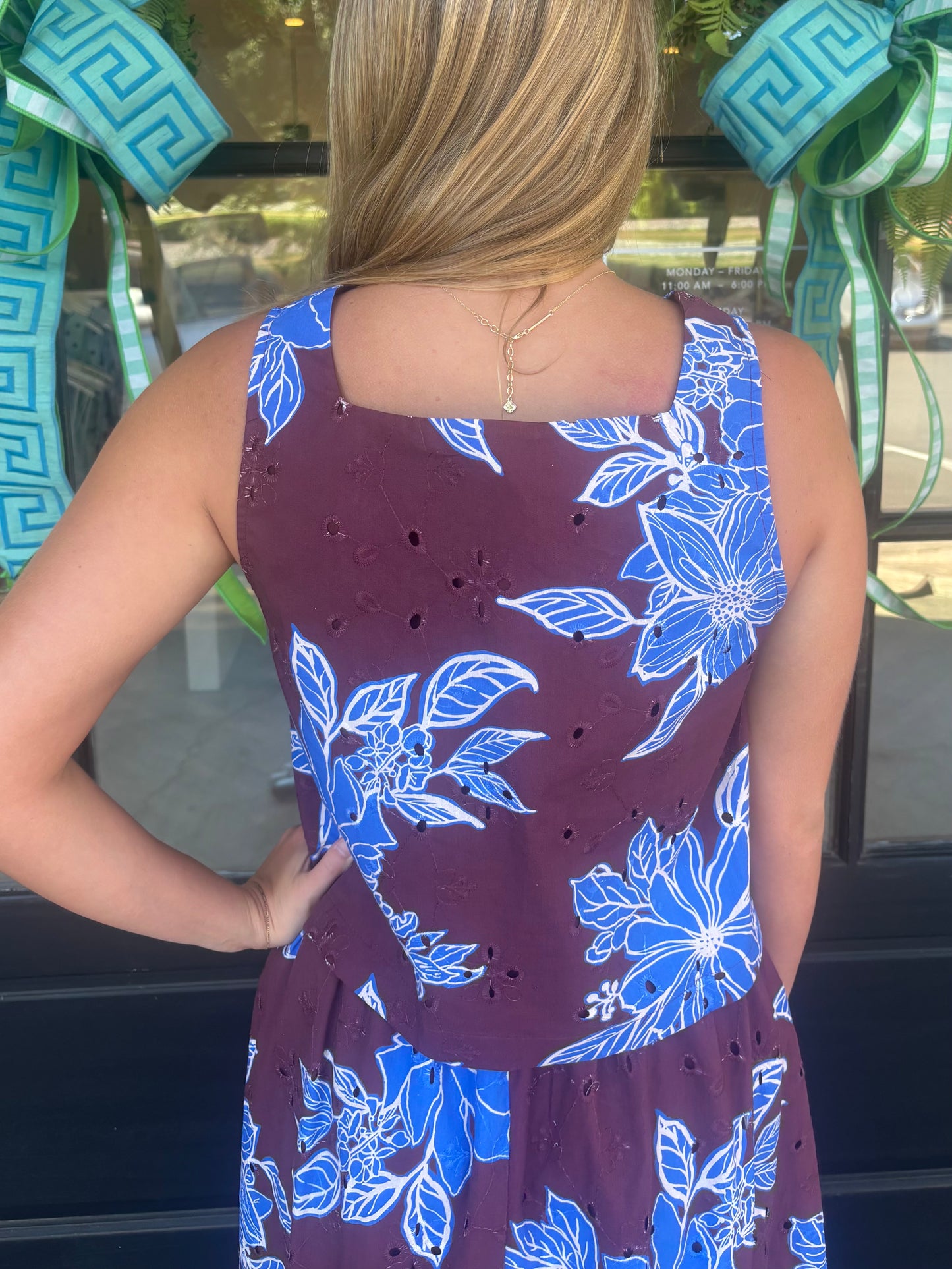 Blue Bloom Button Top