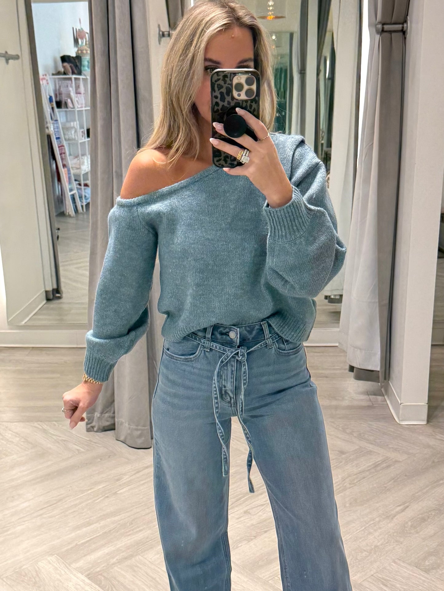 Blue Asym Shoulder Sweater Top