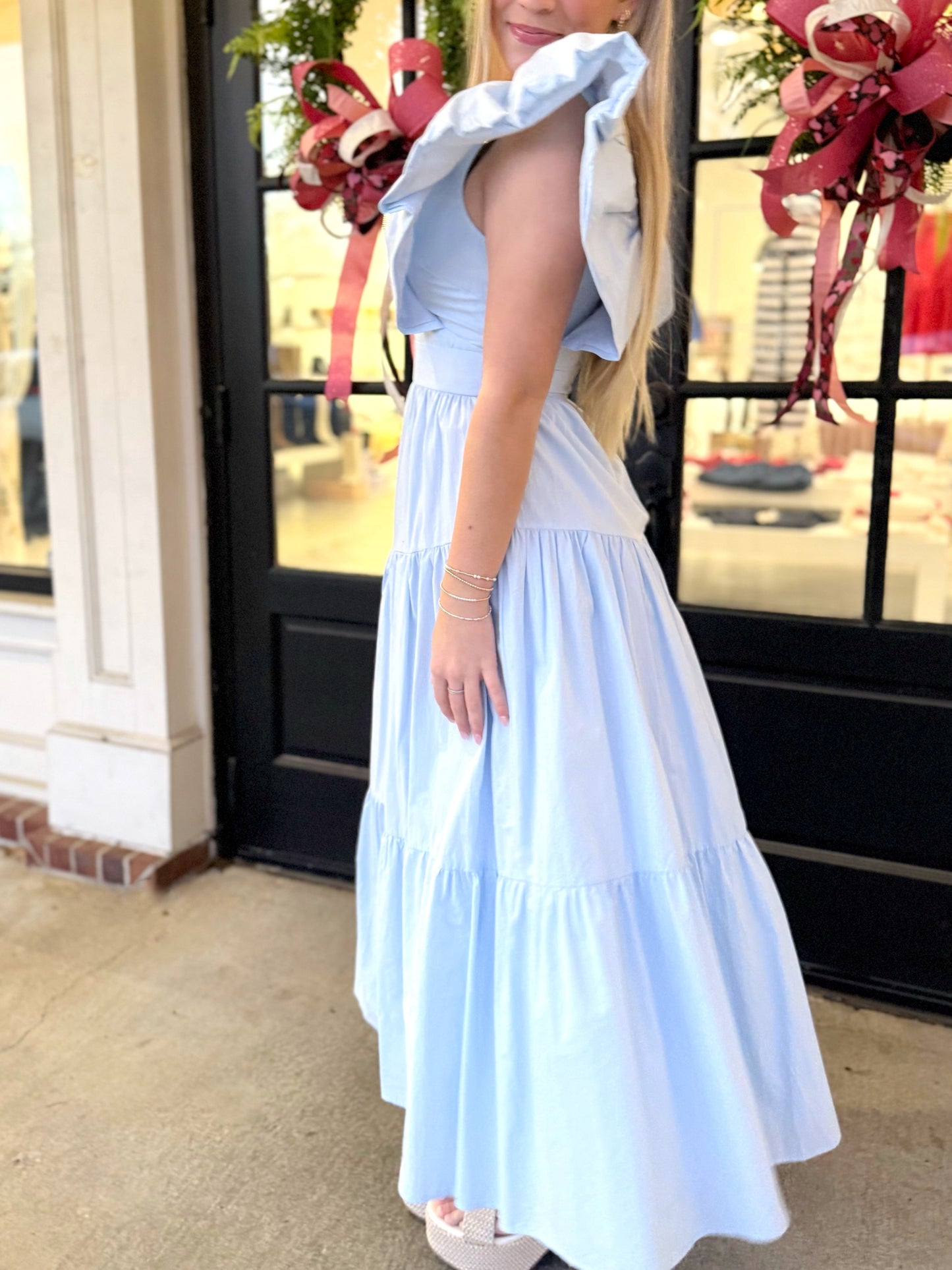 Blue V-Neck Ruffle Tiered Maxi