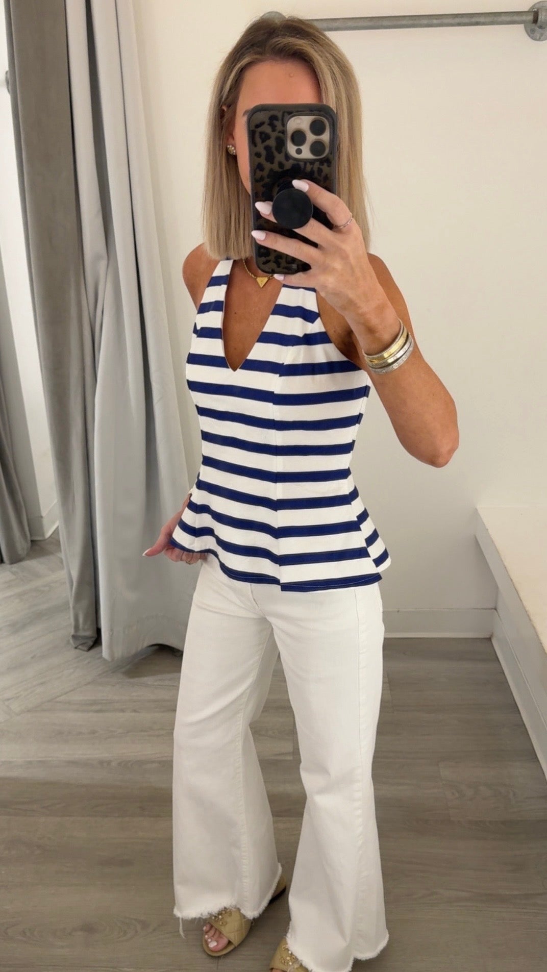 White/Navy Stripe Peplum Top