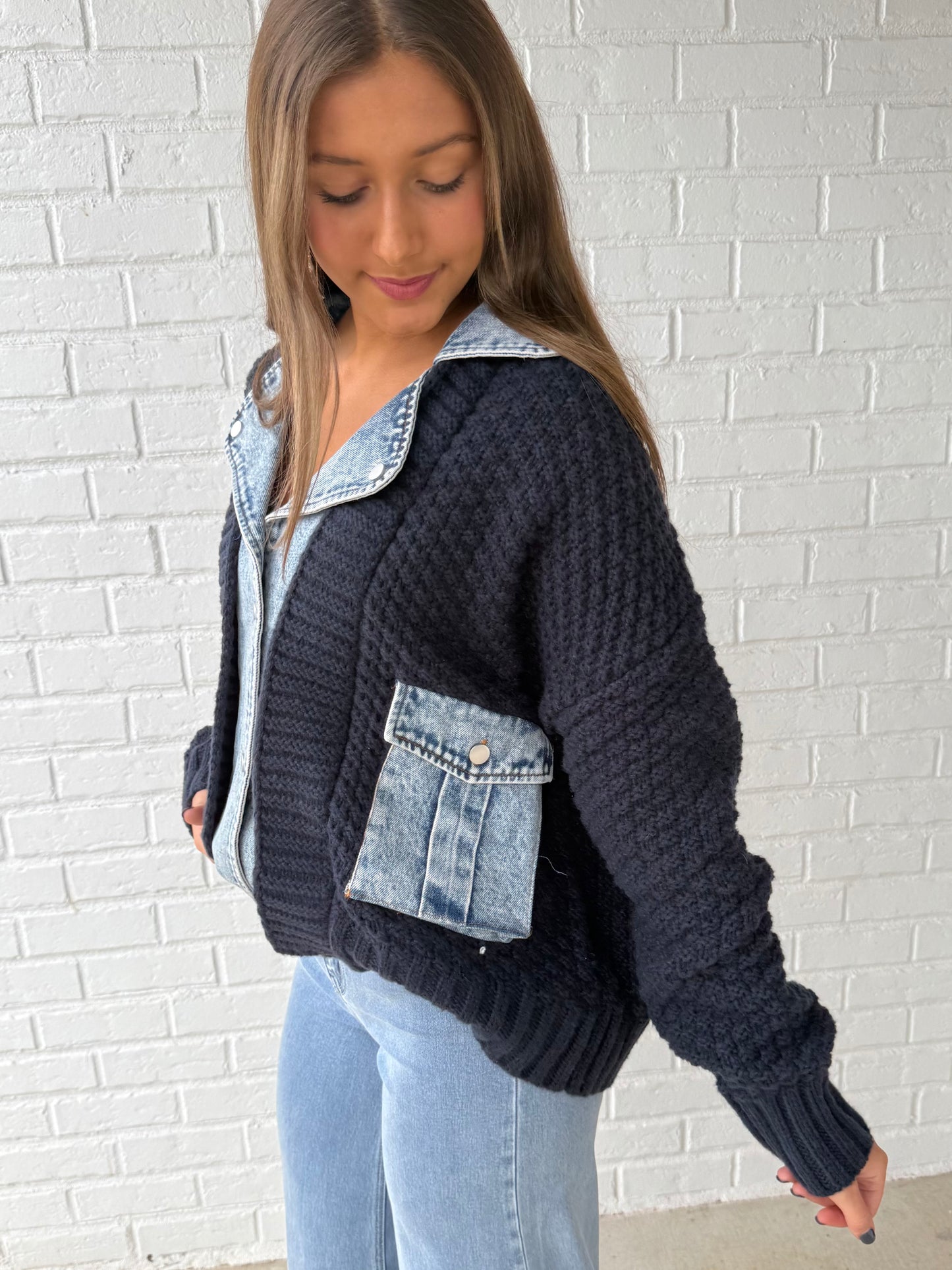 Navy Denim Contrast Sweater Jacket