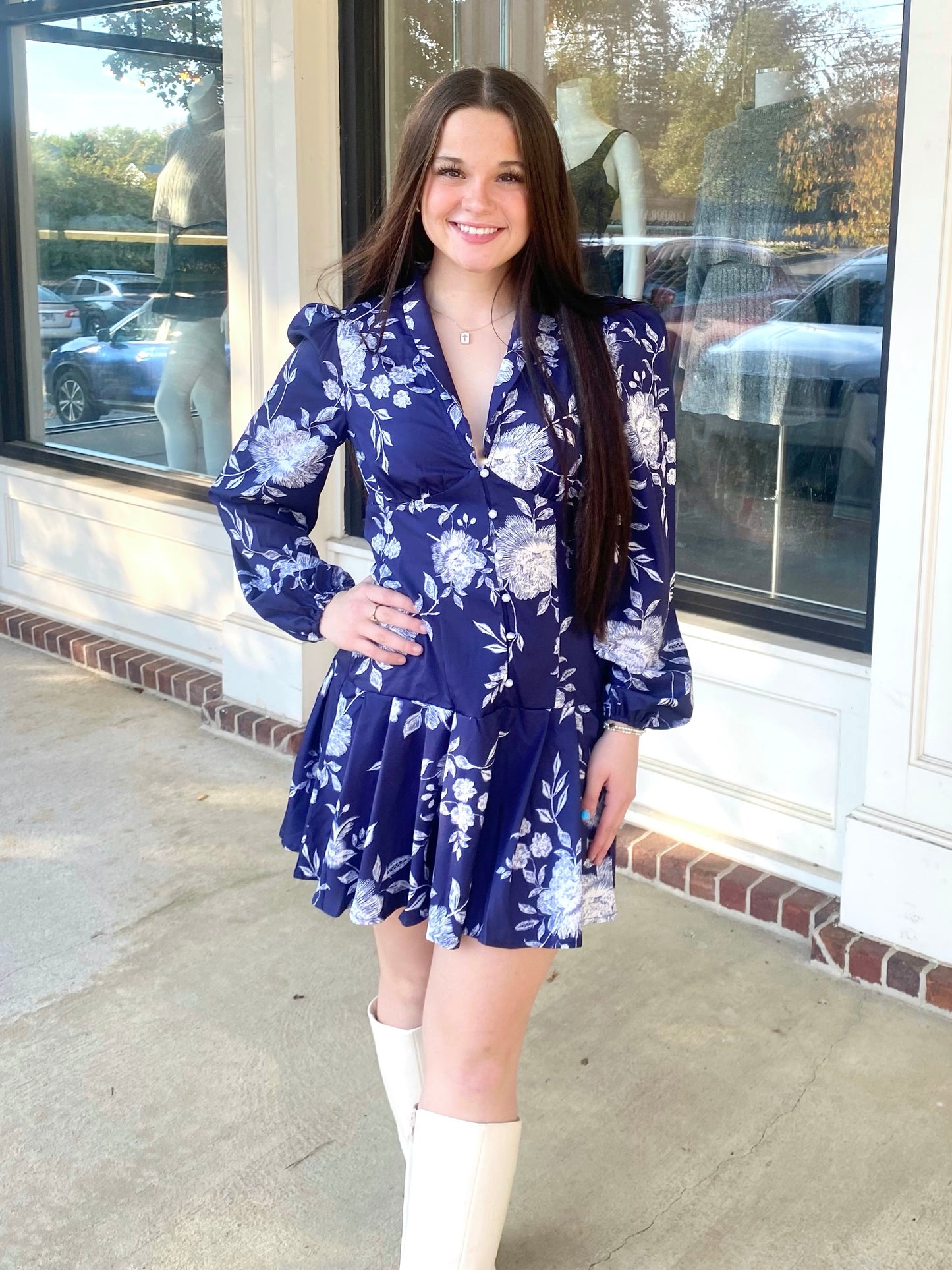 Navy Floral Ruffle Dress