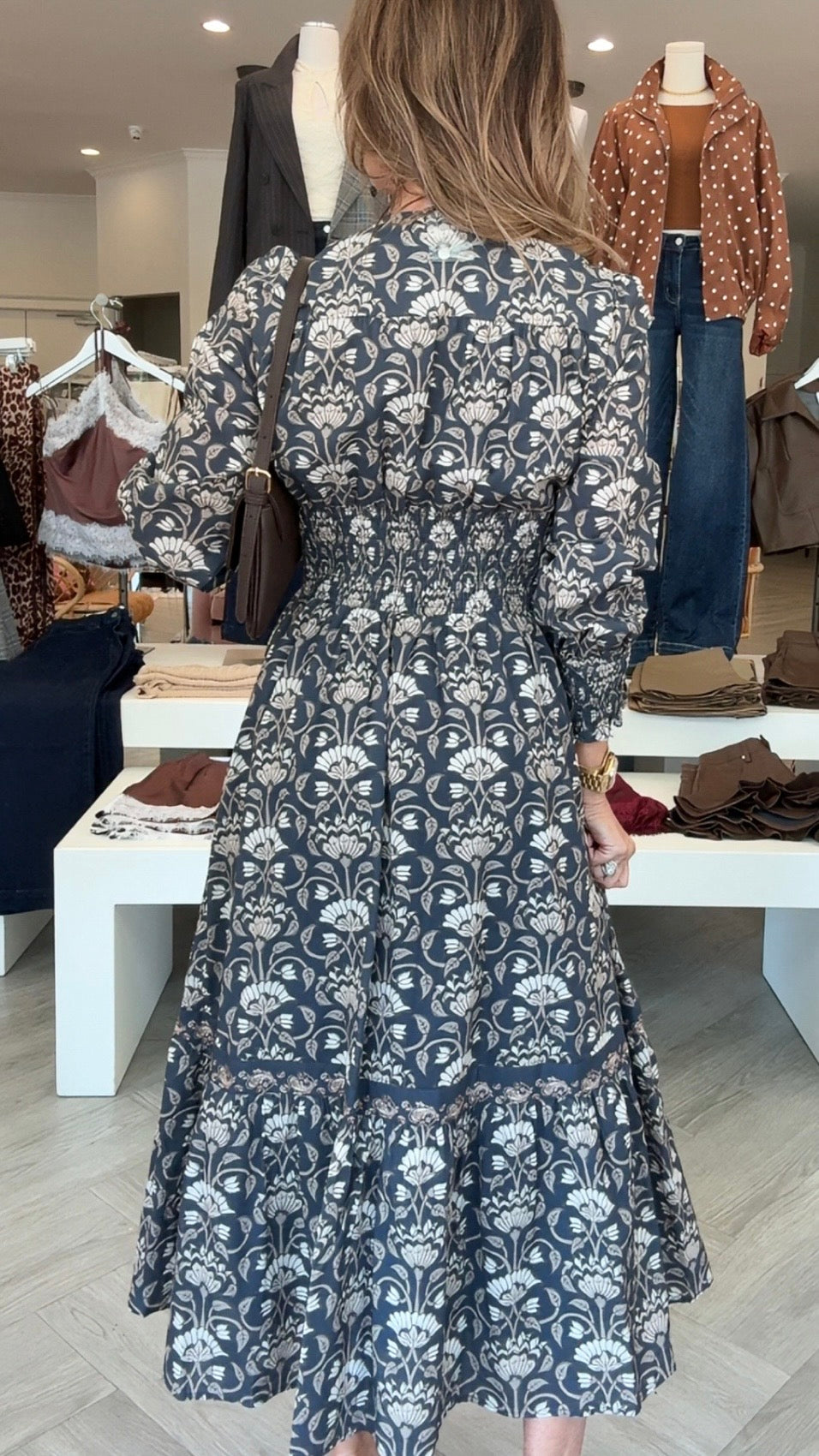 Navy Floral Print Smock Midi