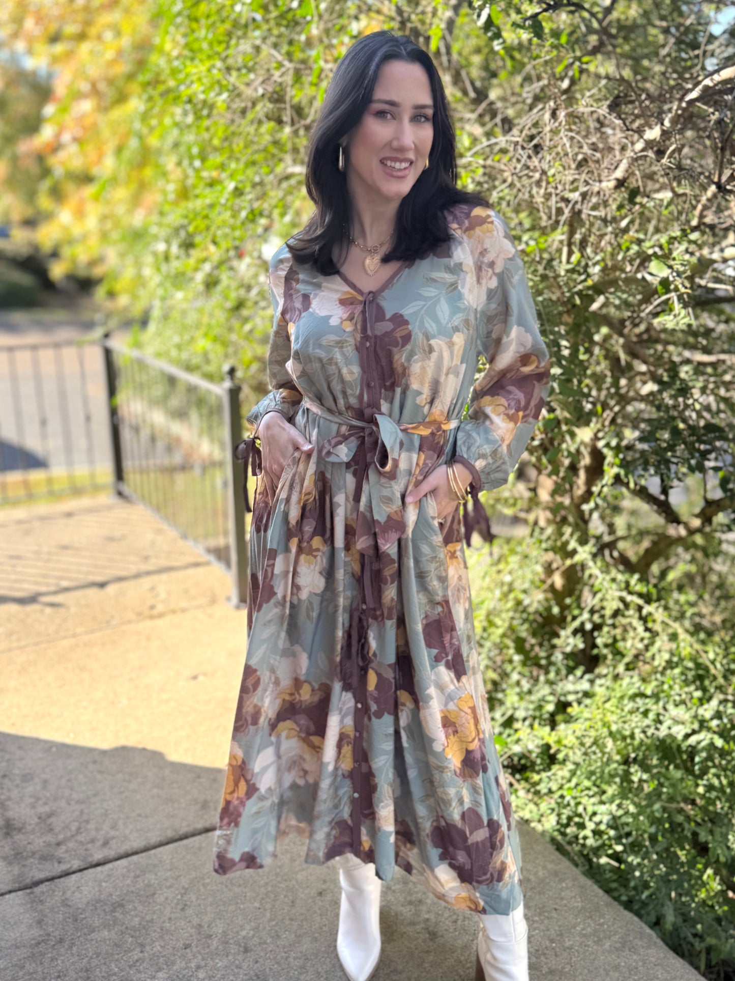Sage Iris Bow Button Dress