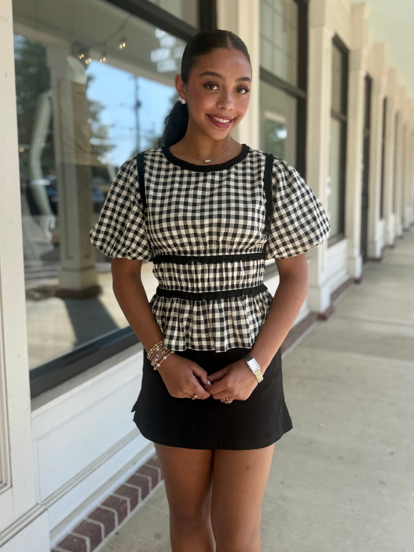 Black/Ivory Shirred Trim Top
