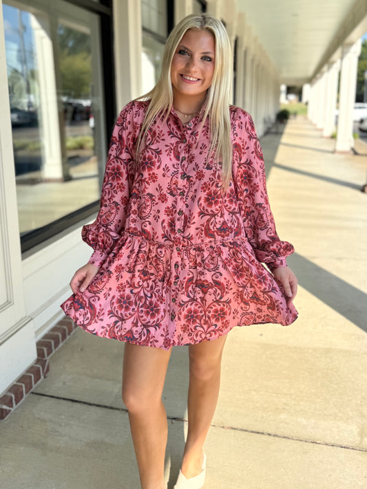 Salmon Red L/S Paisley Dress