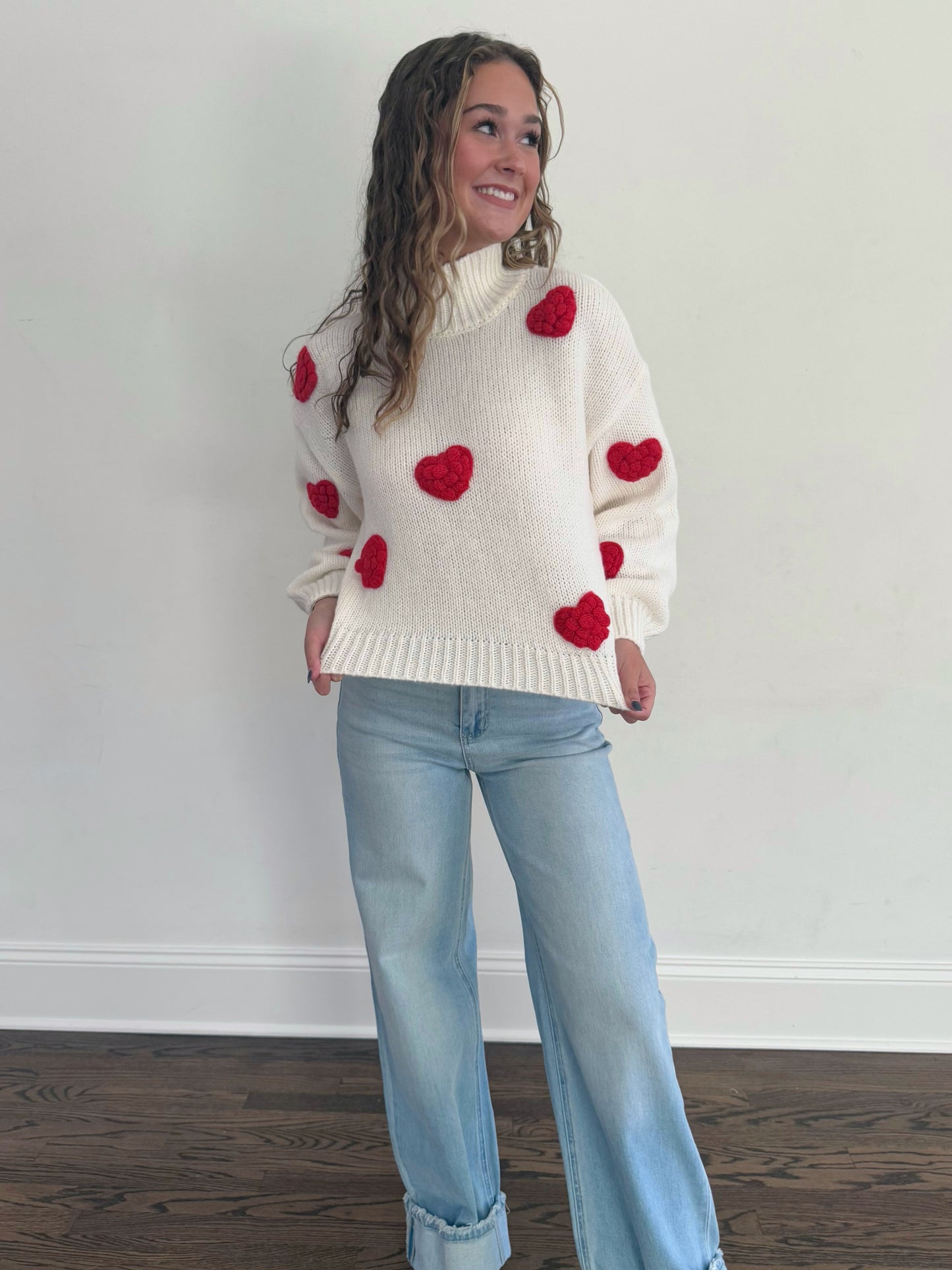 White/Red 3D Heart Sweater