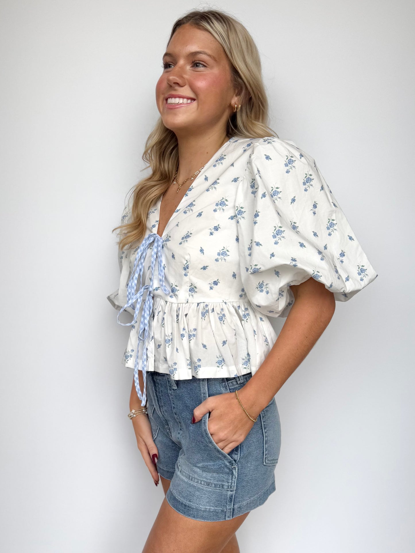 Blue Ditzy Bow Tied Crop Top