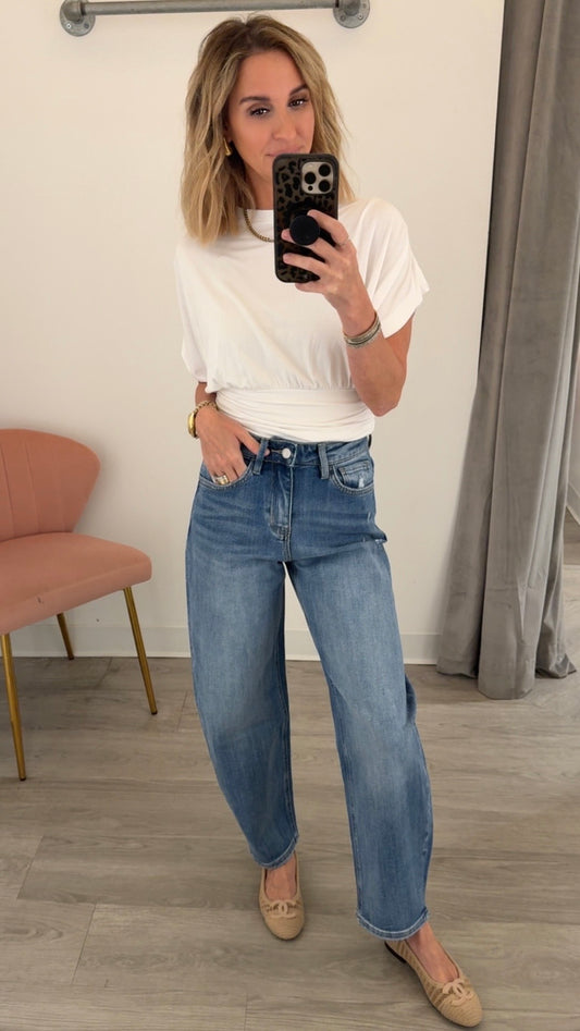 High Rise Medium Barrel Leg Jean