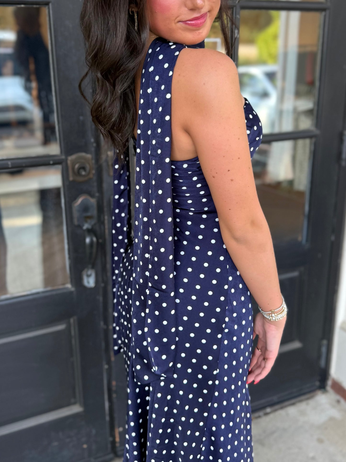 Navy Polka Dot Midi w/ Scarf
