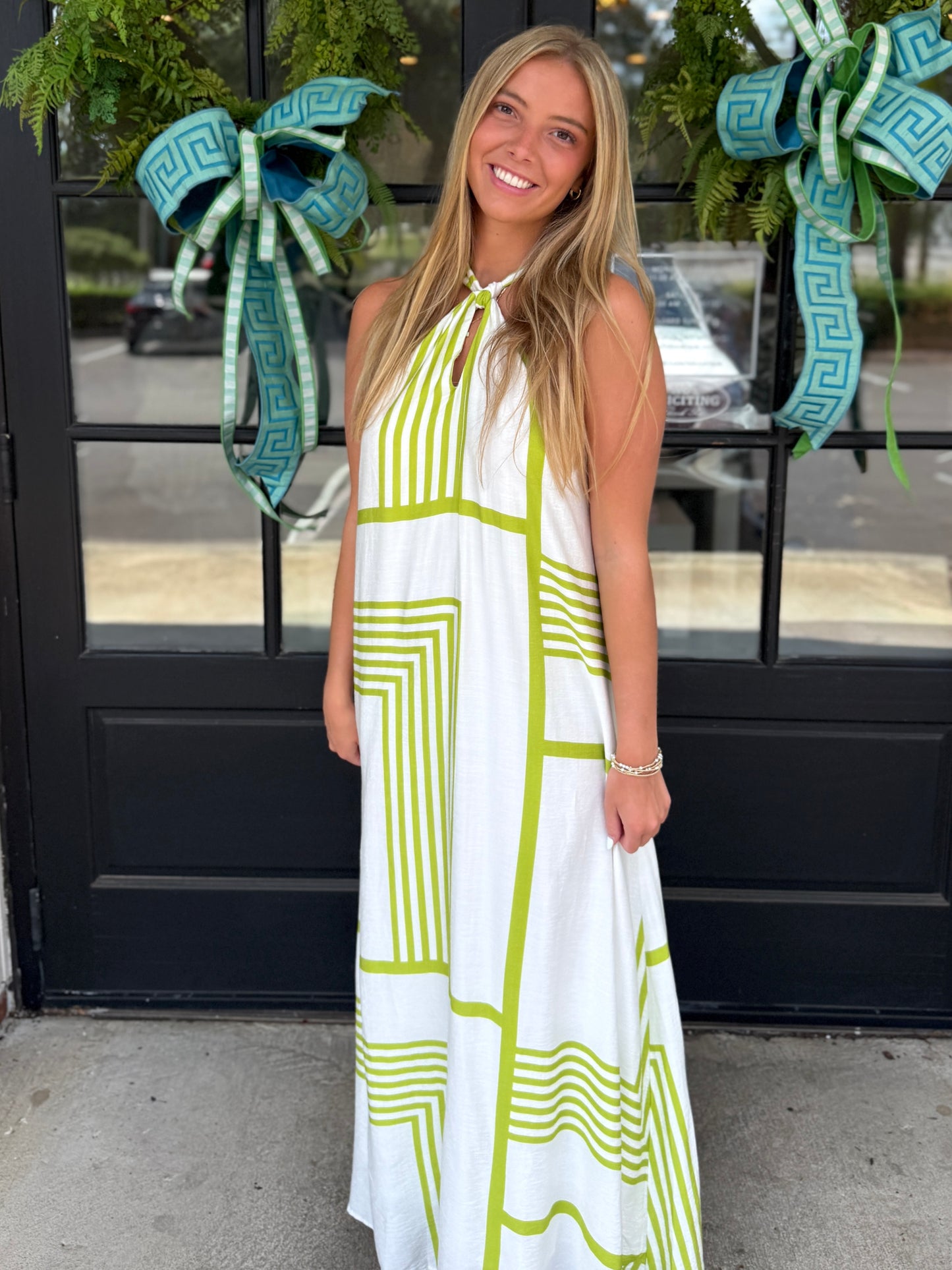 White Lime Stripey Halter Maxi
