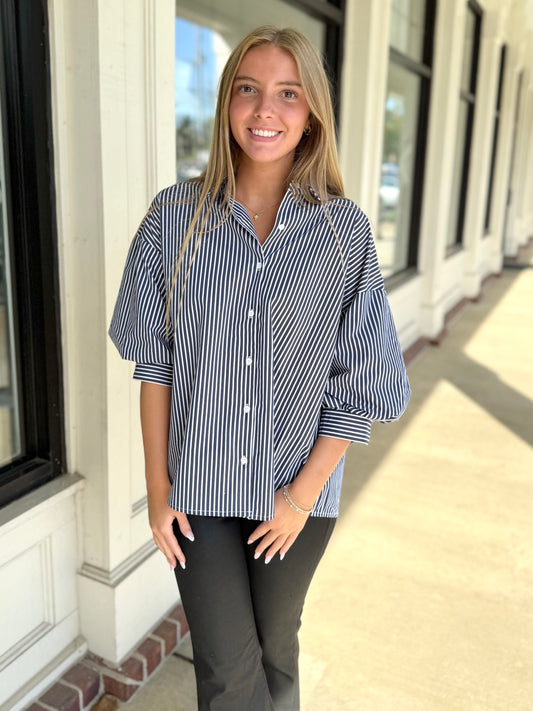 Navy Stripe Button Shirt