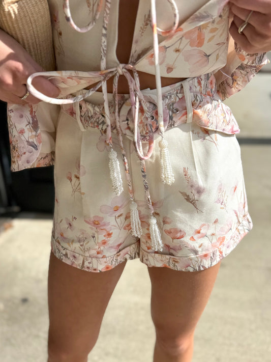 Cream Floral Cuff Shorts