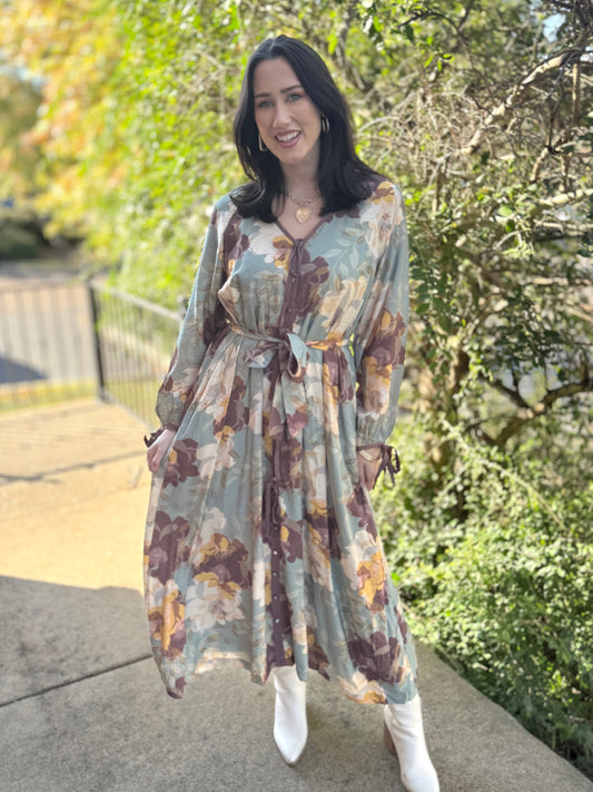 Sage Iris Bow Button Dress