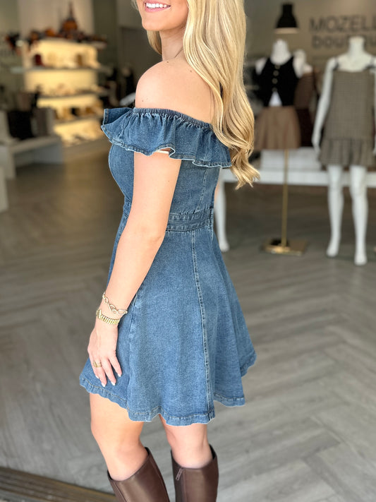 Ruffle Off Shoulder Denim Dress