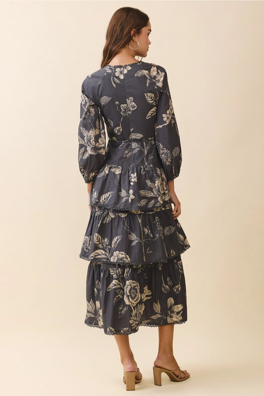Charcoal Floral Lace Tiered Midi