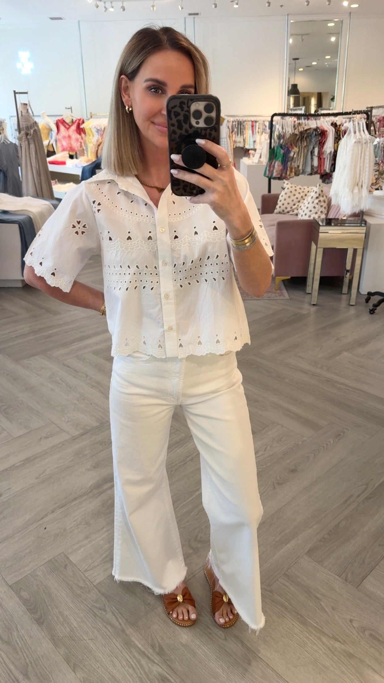 White Button Front Scallop Top