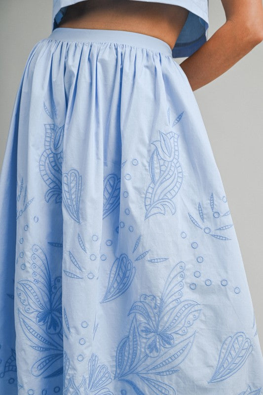 Blue Floral Cutout Midi Skirt