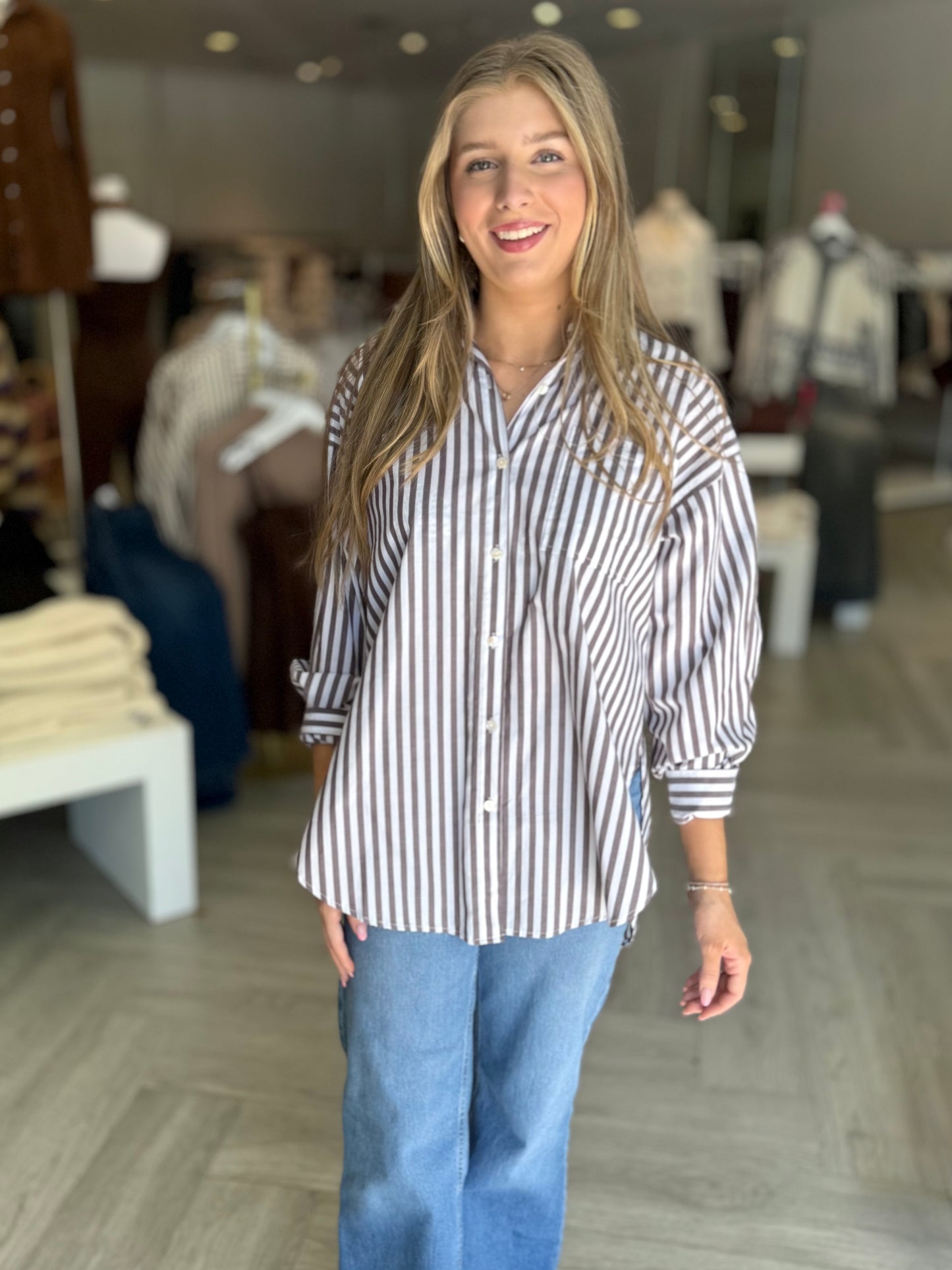 Brown Stripe Button Down Top