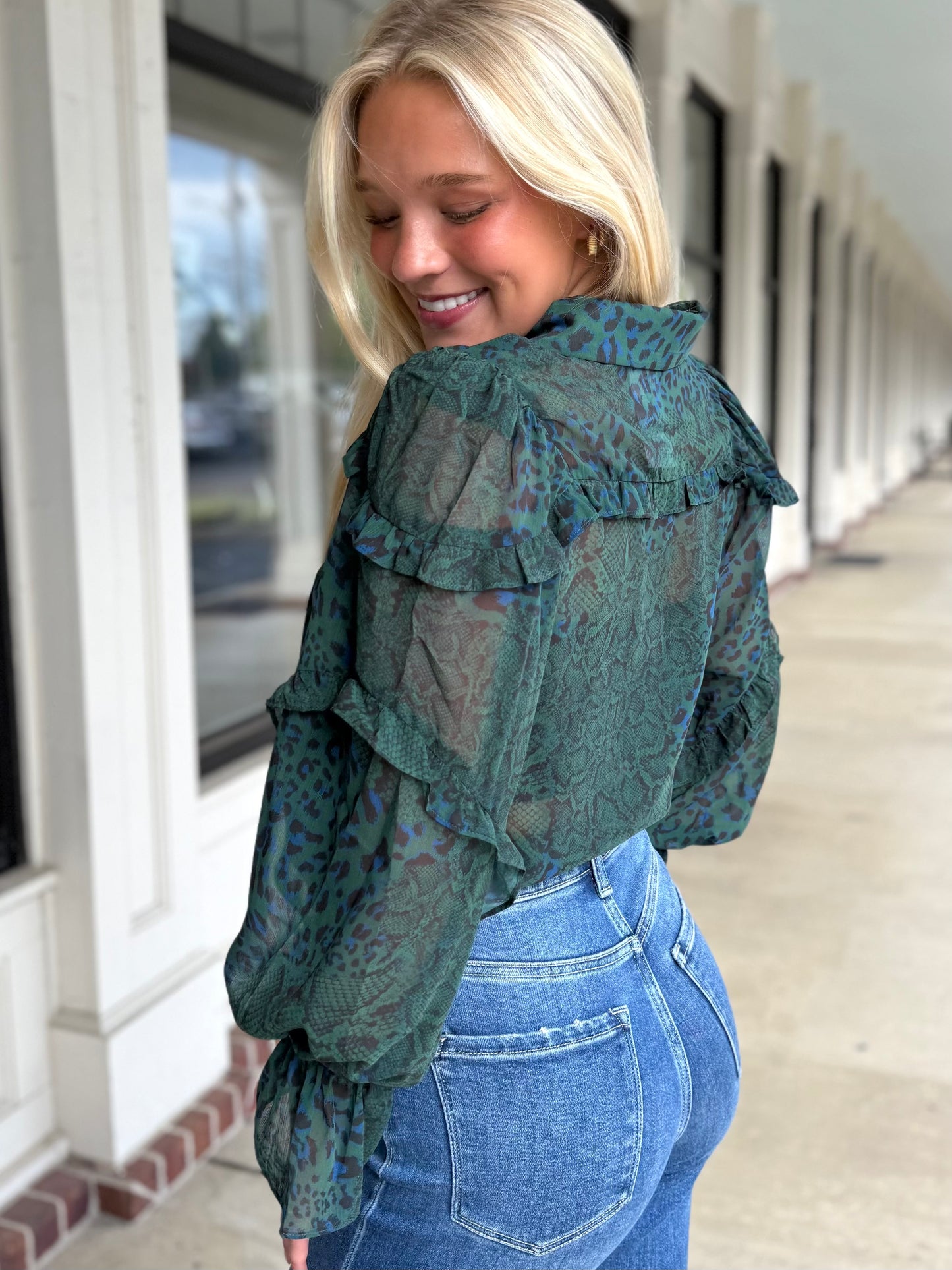 Green Leopard Sheer Ruffle Top