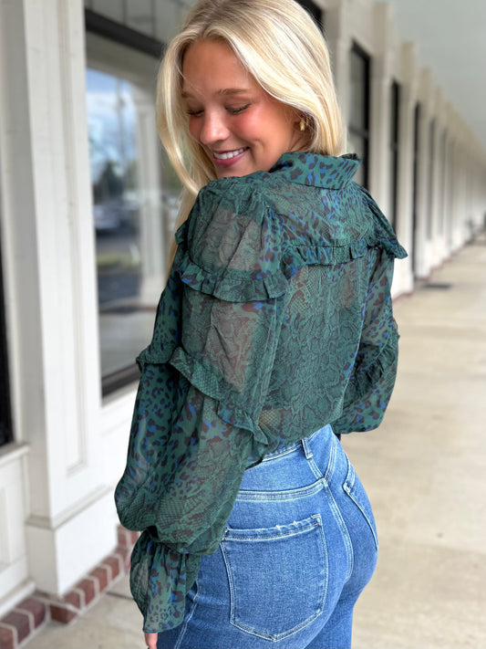 Green Leopard Sheer Ruffle Top
