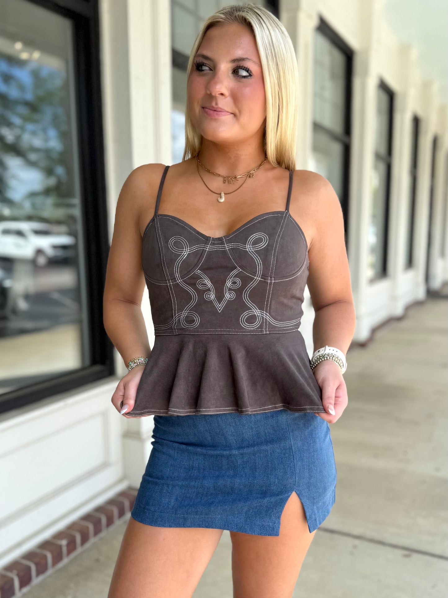 Charcoal Strappy Embr. Suede Top