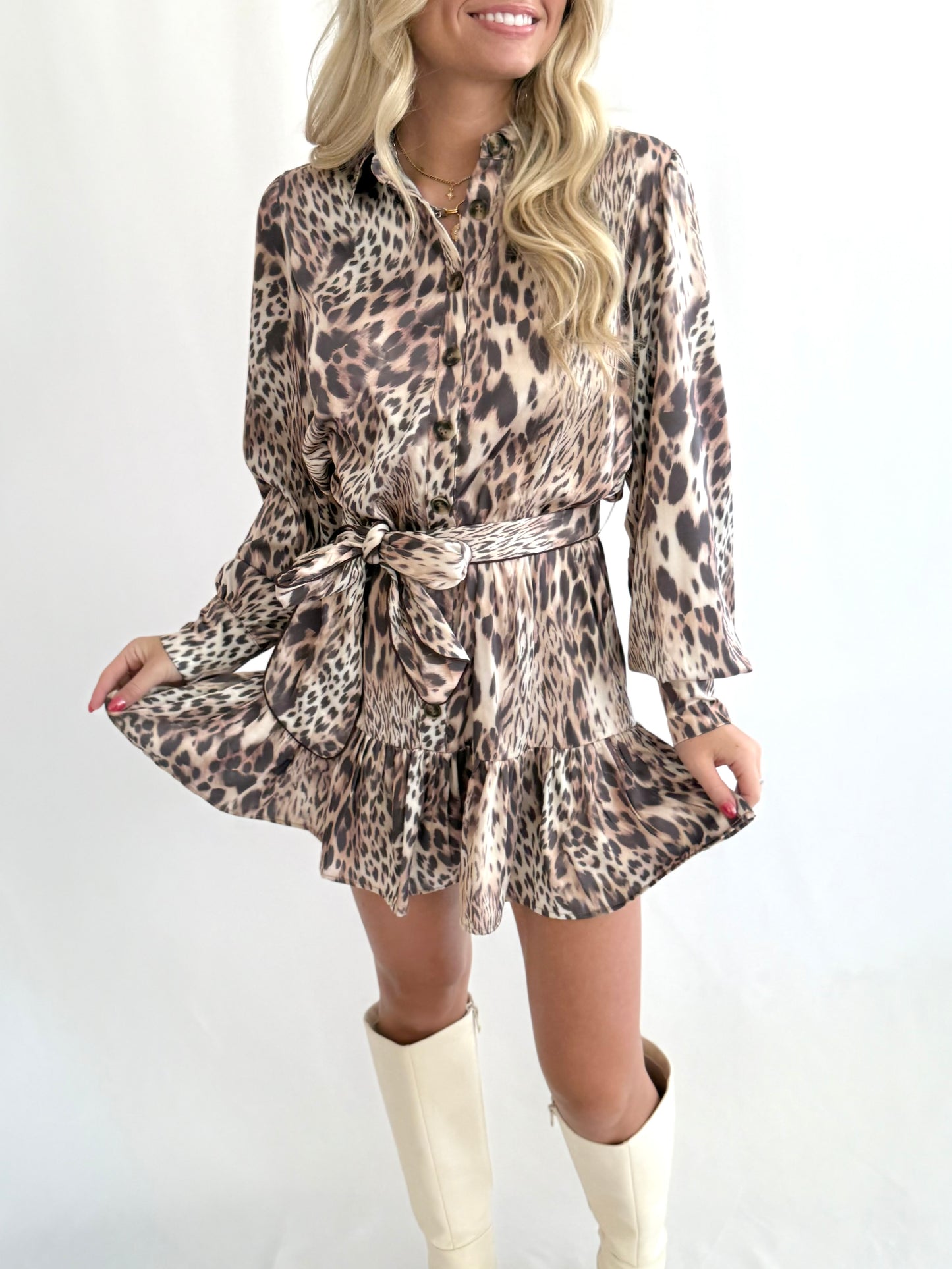 Belted Leopard Satin Dress